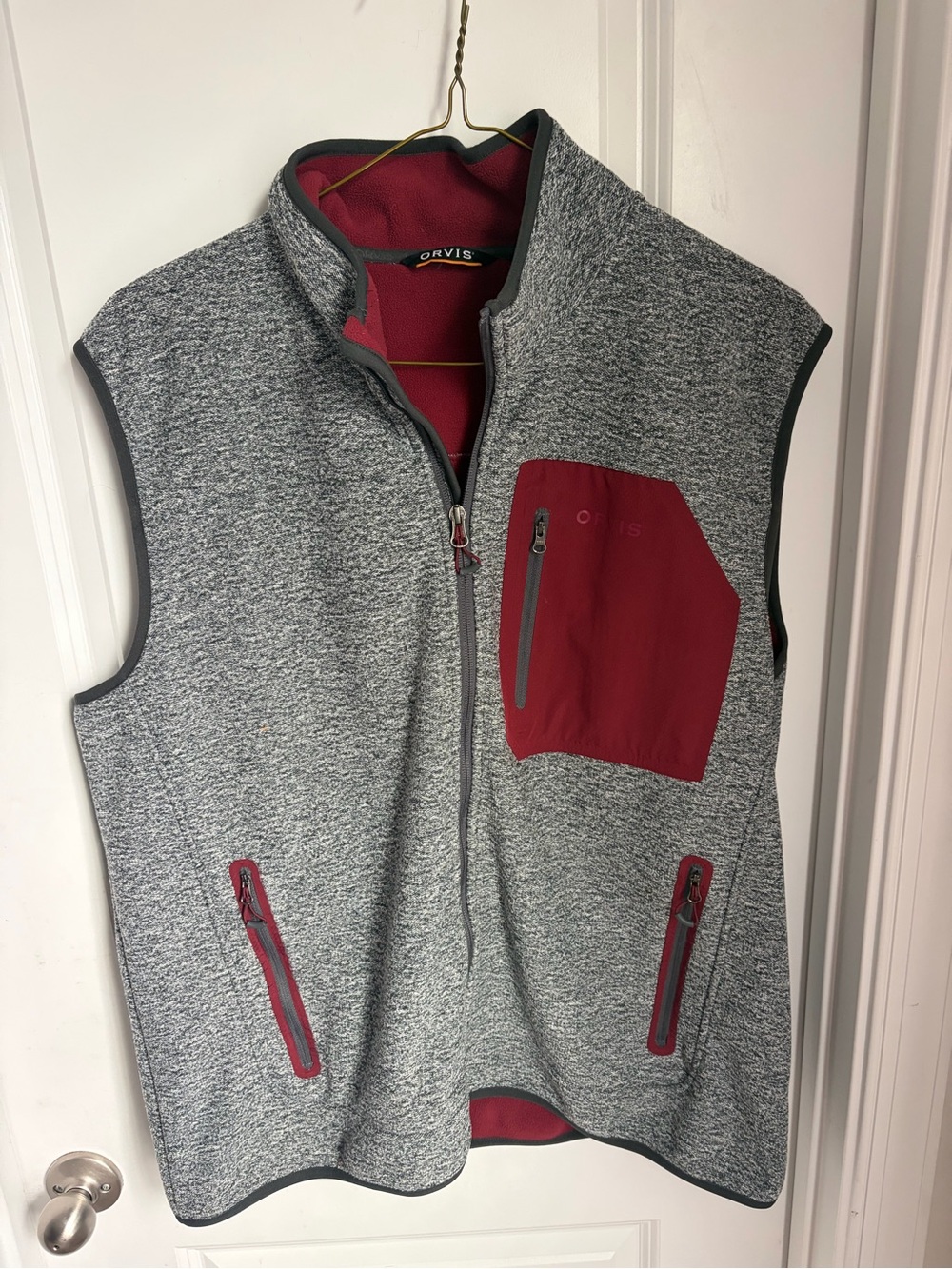 Orvis Gray Fleece Vest with Red Pocket Accents